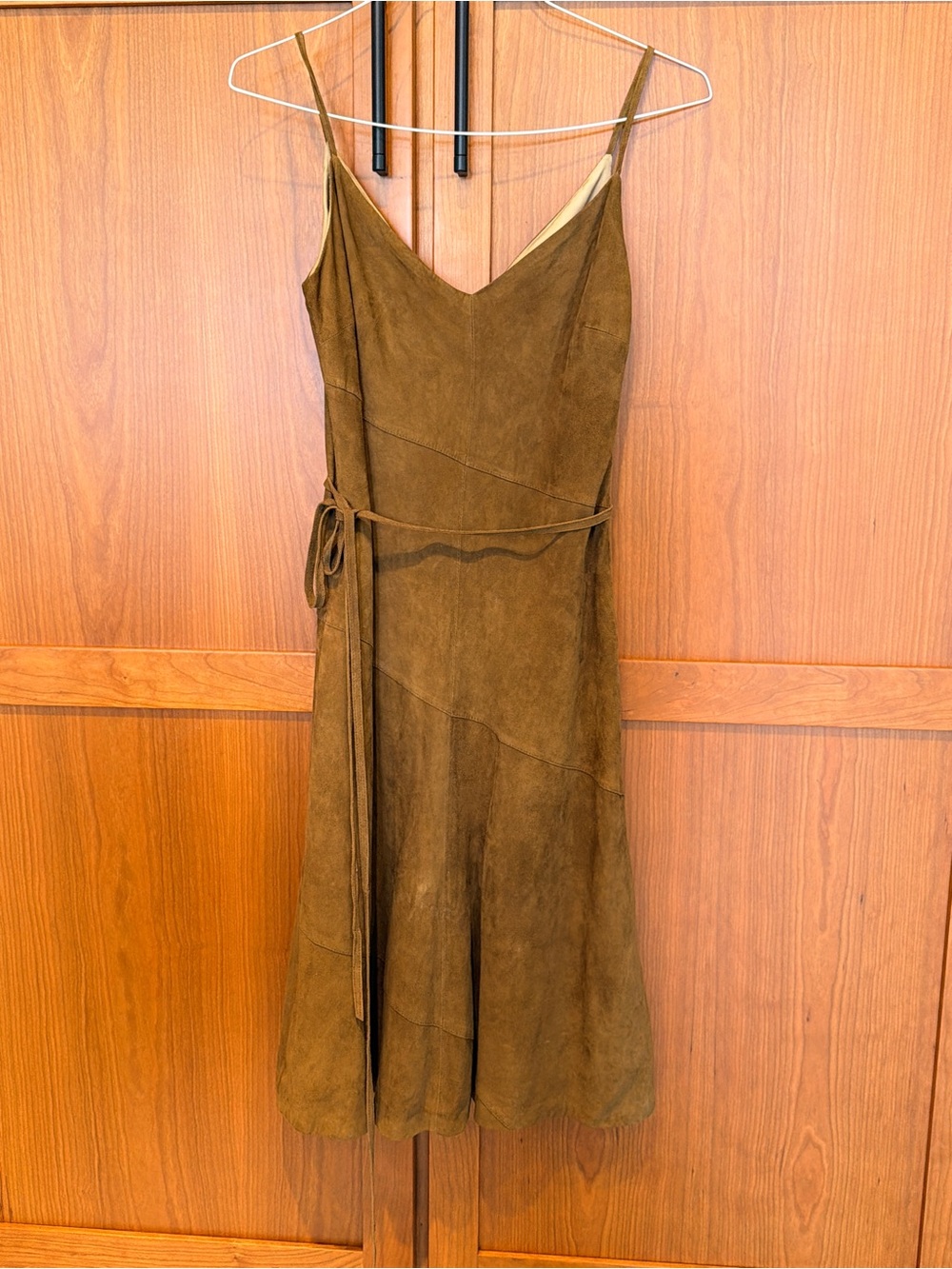 Massimo Dutti Women's Olive Brown Suede Slip Dress with Tie Waist - Real Cowhide